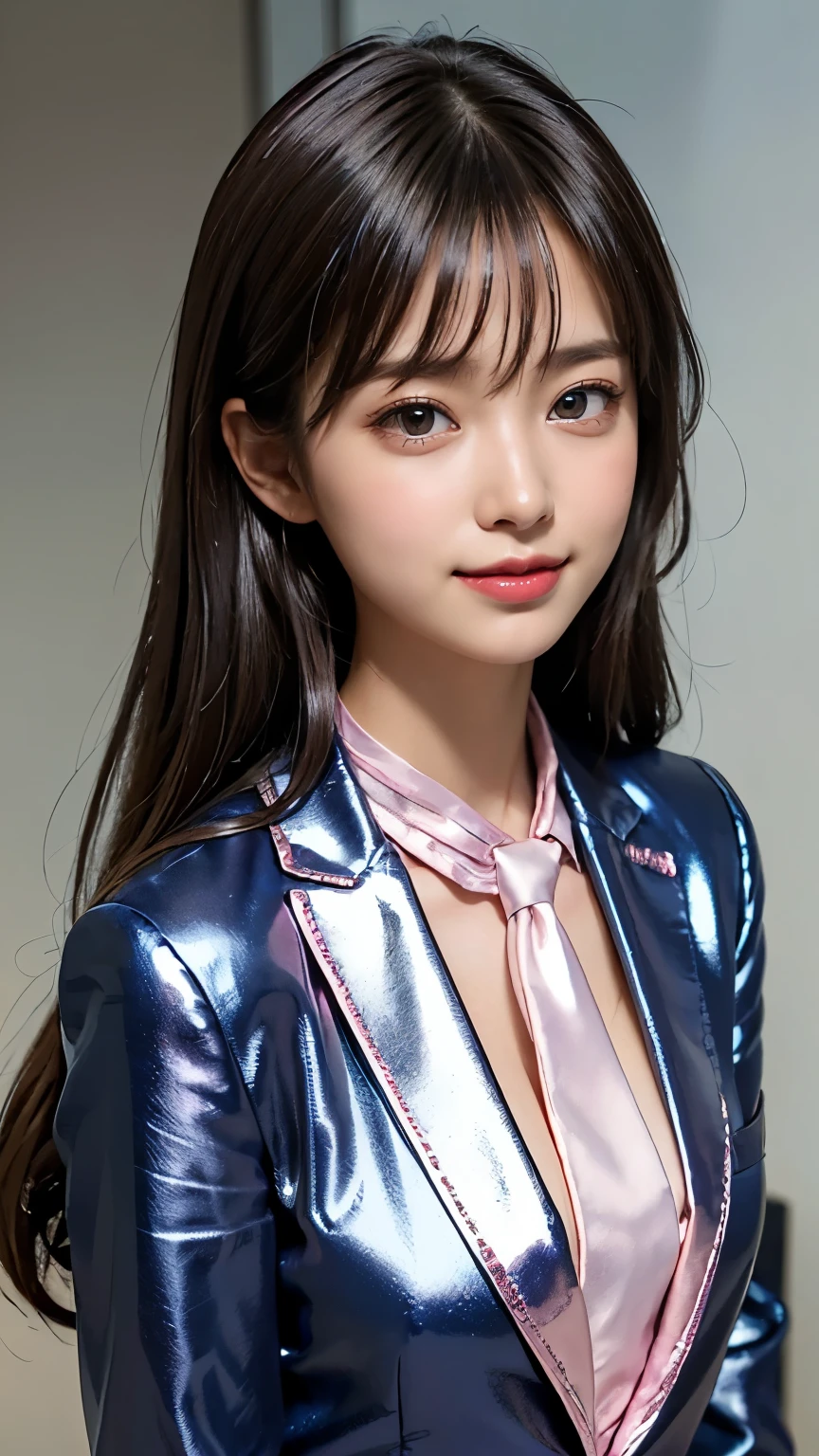Angelic Very beautiful cute girl,Beautiful detailed eyes,Detailed double eyelids,(18 yo:1.3),(Large eyes:1.3),Long straight brown hair,see-through bangs,Sharp Focus,beautiful detailed face and eyes,straight small nose,drooping eyes,laughing,BREAK ,(super shiny metallic dark blue blazer:1.4),(metallic pearl white school blouse:1.3),(shiny metallic bright pink neck ribbon tie:1.2),(super shiny metallic pink pleated skirt :1.4),(school uniform with super reflective surfaces:1.5),(smiling:1.5)