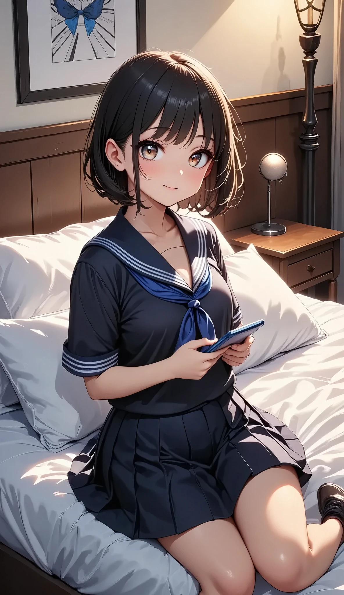 a young girl relaxing on a bed reading a smart phone,beautiful detailed eyes,beautiful detailed lips,extremely detailed eyes and face,longeyelashes, (sailor suit, pleated skirt , black tights, Loafers, Black Hair, bob cut), cozy bedroom interior,warm lighting,soft bedding,photorealistic,realistic,8k,ultra-detailed,highres,masterpiece,professional,vivid colors,natural lighting