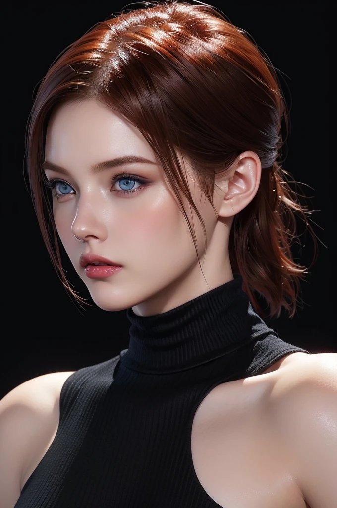 woman with medium short hair ,Auburn-red-hair, pale,soft body,eyeliner,portrait,blue eyes,eyeliner,wonderful highly detailed masterpiece, elegant, digital painting, smooth, dramatic lighting, ultra realistic, 8k, art , blur backgrond, black background ,black background, black turtleneck,look at camera