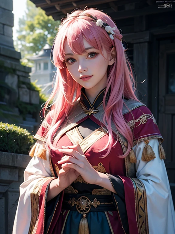 (Realistic:1.9),(Raw photo:1.9), (Photorealistic:1.3),(Big:1.21、8K high image quality、Alkanebi, Female face, (Both 5mm moles under the eyes)、unreal engine character art, Portrait、Faithfully reproduced、(Japan sword with a red heart mark on the hilt)、Pink 7:yellow hair with two tips,,,、The tips of the bangs are yellow、Kanrojimitsuri