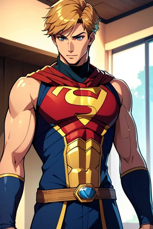 (  High-definition CG), (Best Quality),     a superhero and has a beautiful body,   hero costume , Handsome and cool young man   ,       Slim and Muscular      , My skin is brown  ,  blonde, Frivolous,   sensual vibe  ,