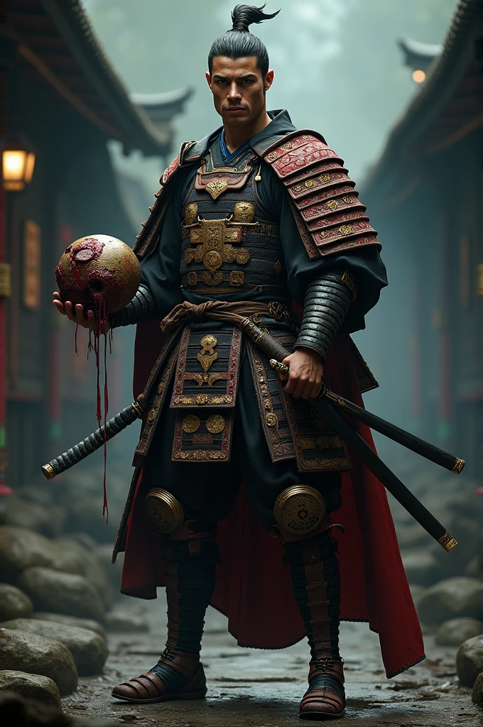 Samurai carrying bloody sack resembling a head