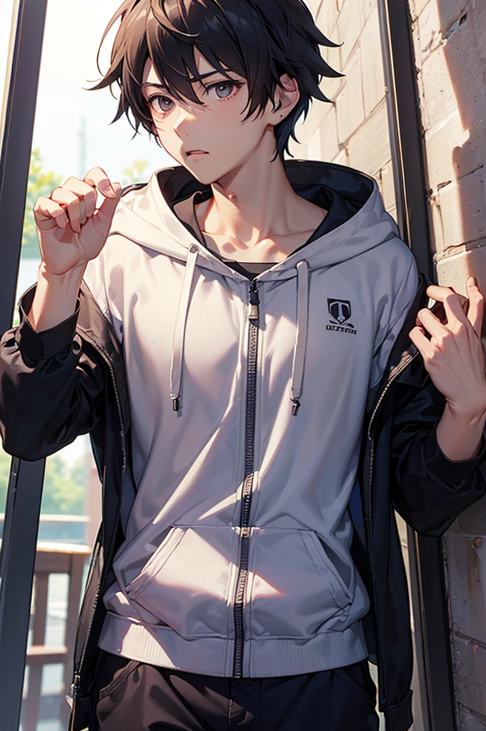 pixel art, RPG male character with black hair wearing a black hoodie, blue pants, and round glasses