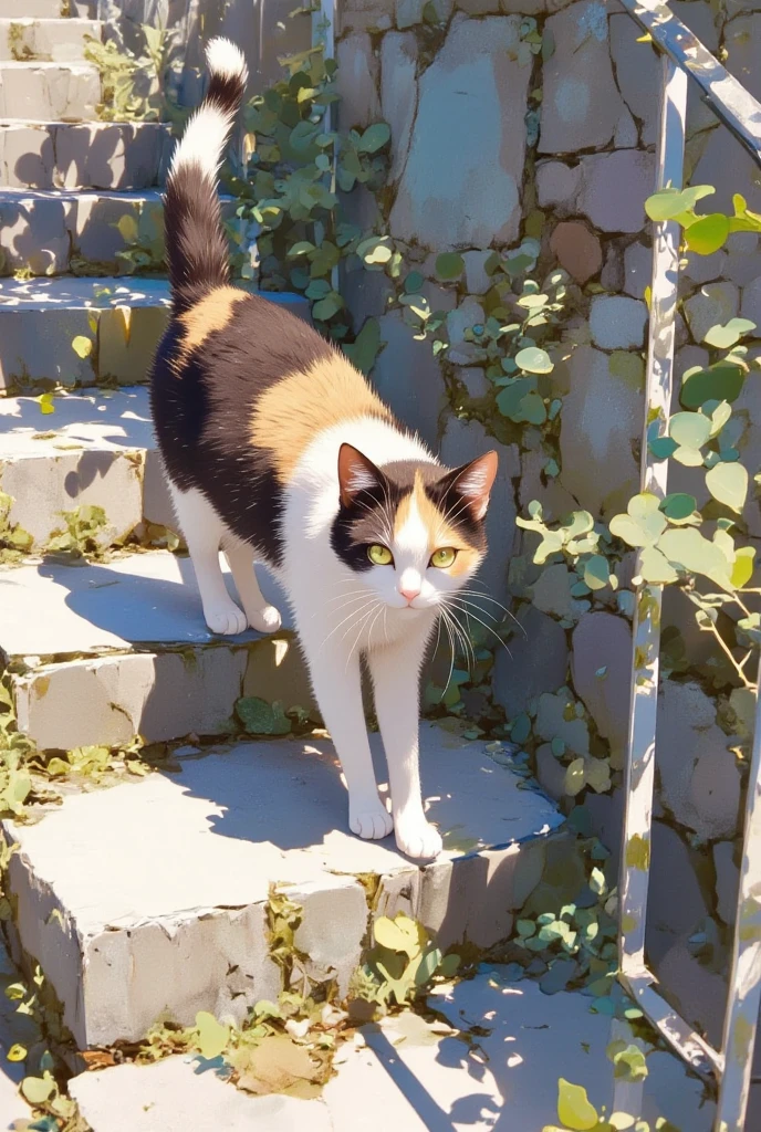 photo tanning ,tanned ,fade ,faded image ,bokeh:1.5 , baklit , desaturate,shot by Nikon 85mm f1.2,shallow focus on a cat ,A calico cat with distinct patches of orange, black, and white fur walks down a stone staircase, approaching the viewer. Its movements are graceful, with soft steps as it descends each stone, surrounded by a peaceful and rustic atmosphere. The sunlight filters through the trees above, casting gentle shadows across the steps and highlighting the textures of the ancient stone. The cat's curious eyes gaze forward, showing a hint of warmth and friendliness as it draws nearer.