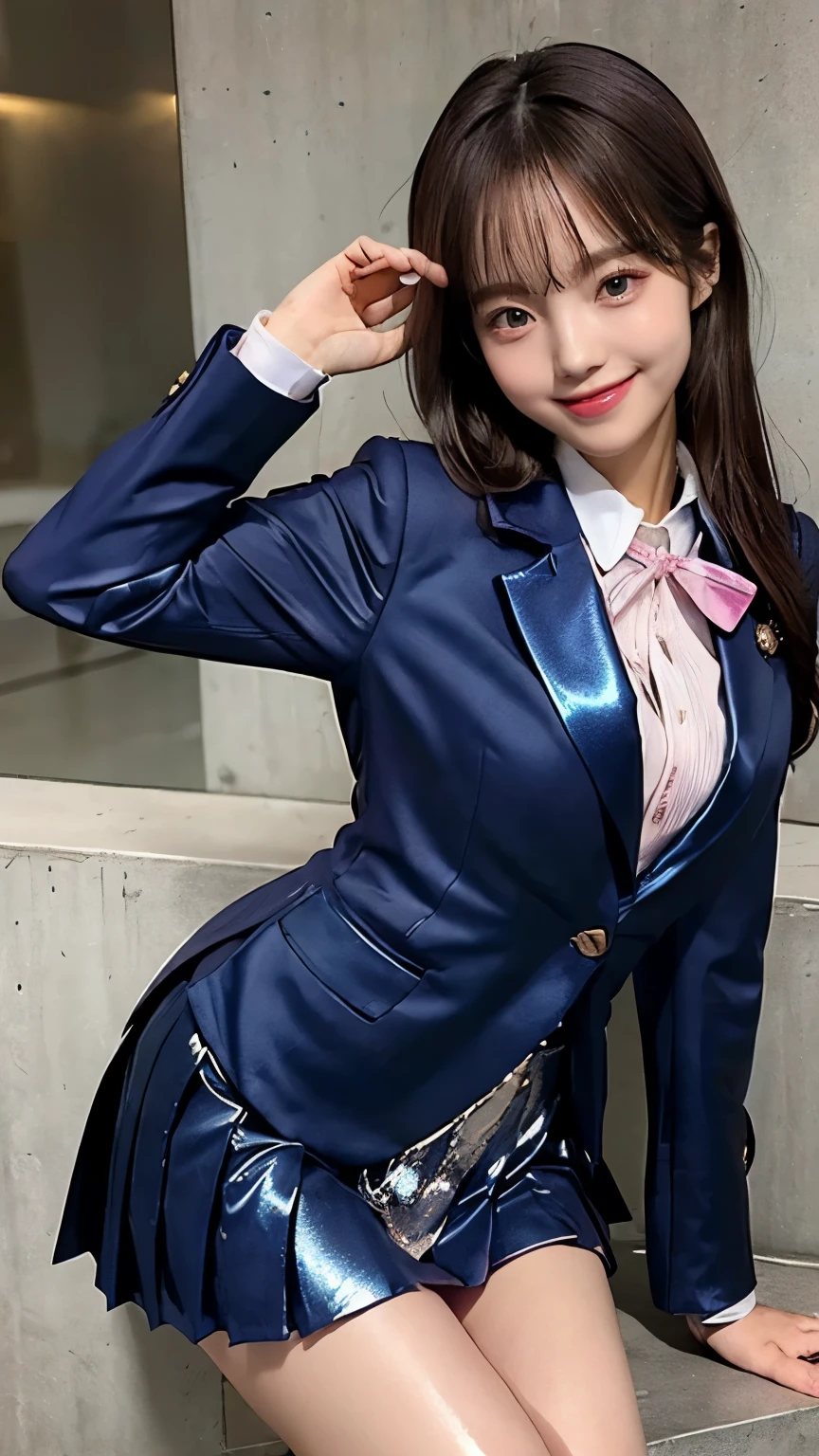 Angelic Very beautiful cute girl,Beautiful detailed eyes,Detailed double eyelids,(18 yo:1.3),(Large eyes:1.3),Long straight brown hair,see-through bangs,Sharp Focus,beautiful detailed face and eyes,straight small nose,drooping eyes,laughing,BREAK ,(super shiny metallic dark blue blazer:1.4),(metallic pearl white school blouse:1.3),(shiny metallic bright pink neck ribbon tie:1.2),(super shiny metallic pink pleated skirt :1.4),(school uniform with super reflective surfaces:1.5),(smiling:1.5)