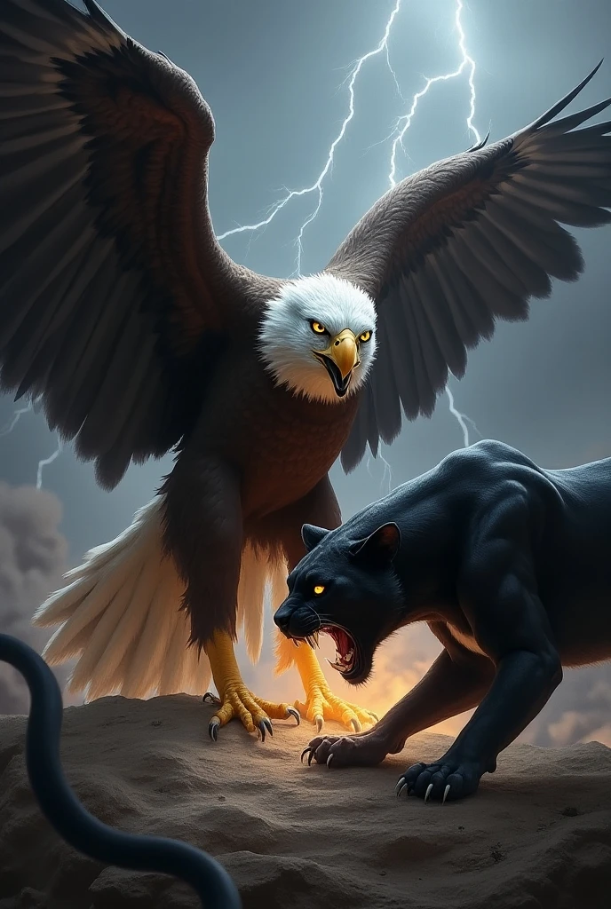 Create a dramatic and intense scene where an eagle and a panther are positioned face-to-face, both in an angry, defensive stance. The eagle should have its wings spread wide, with sharp talons extended and a fierce, glaring expression, ready to strike. Its feathers should appear ruffled and aggressive, with glowing eyes that enhance its predatory nature. The panther should be crouched low, with muscles tense and bared teeth, its body coiled for attack, and eyes glowing with fury. The background should amplify their hostile energy, such as a dark, stormy sky with flashes of lightning or a rugged, desolate landscape that mirrors the raw intensity of their emotions. The scene should exude power, aggression, and imminent confrontation."
