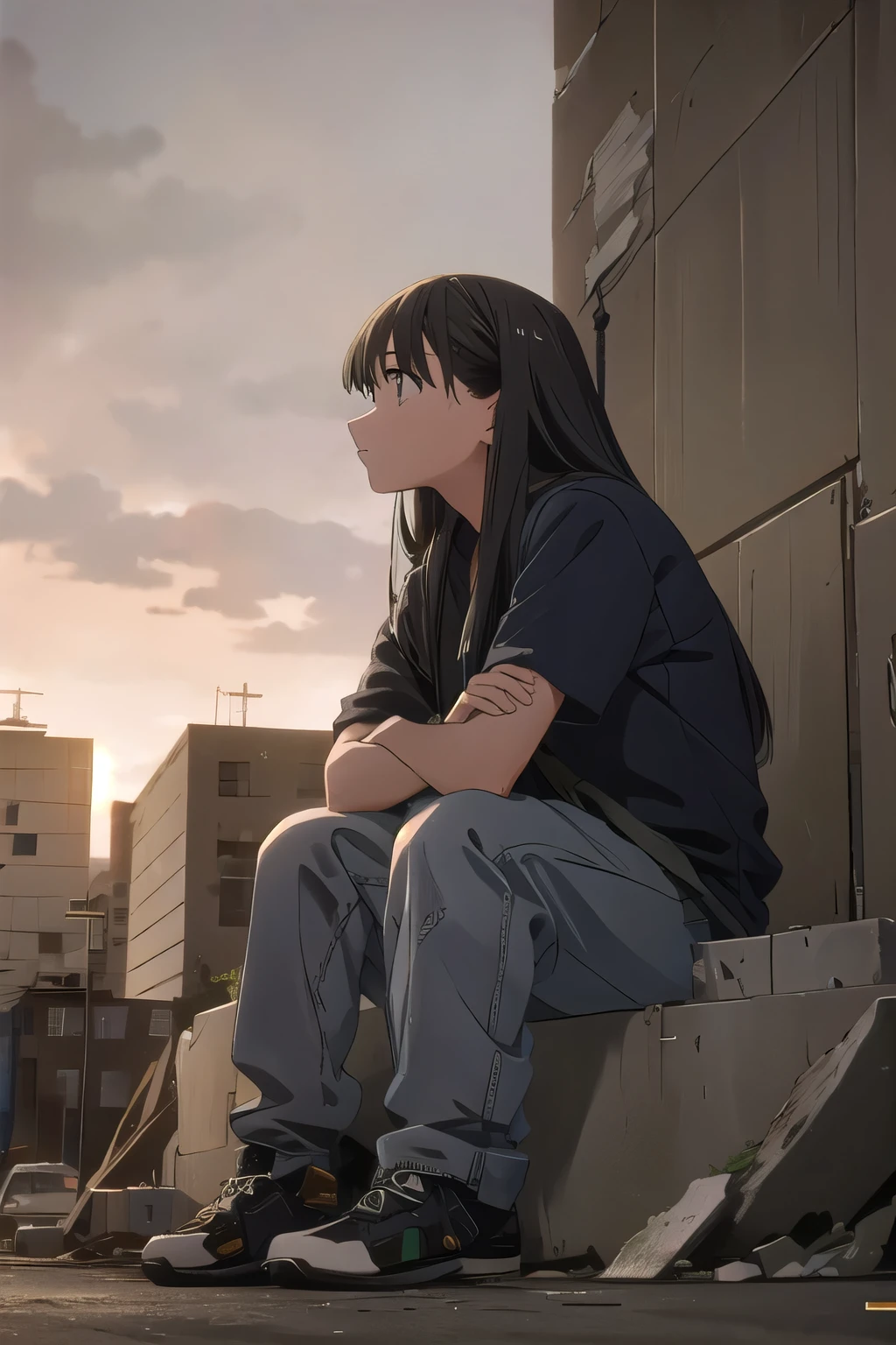 Sad Outift A sad young woman in a tattered hobo outfit, sitting alone on a street ...