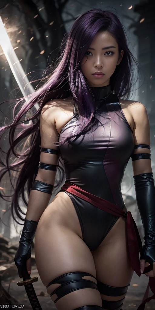 ((SFW)) psylocke_principal, 1 girl, Alone, long hair,  looking at the viewer, black hair , thighs, gloves, containment, bare shoulders, arm, purple hair, parted lips, elbow gloves, sword,  hair over one eye , , ((SFW))