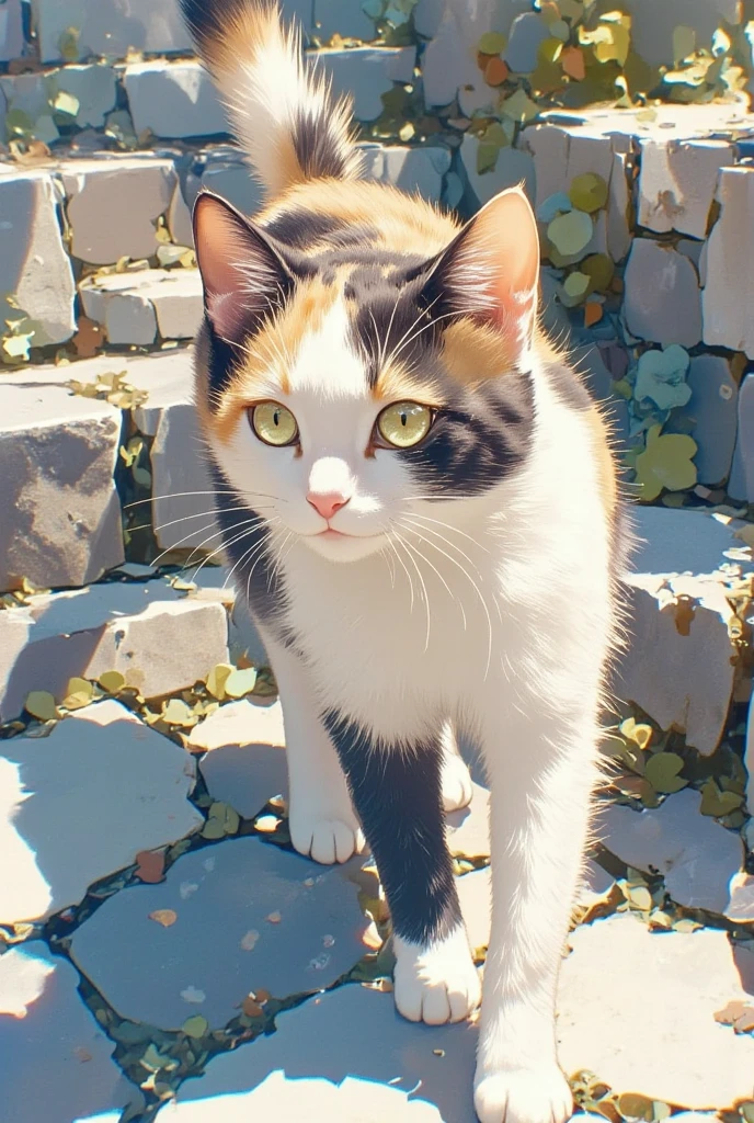 photo tanning ,tanned ,fade ,faded image ,bokeh:1.5 , baklit , desaturate,shot by Nikon 85mm f1.2,shallow focus on a cat ,extreme close up of a cat, the calico cat with distinct patches of orange, black, and white fur walks down a stone staircase, approaching the viewer. Its movements are graceful, with soft steps as it descends each stone, surrounded by a peaceful and rustic atmosphere. The sunlight filters through the trees above, casting gentle shadows across the steps and highlighting the textures of the ancient stone. The cat's curious eyes gaze forward, showing a hint of warmth and friendliness as it draws nearer.