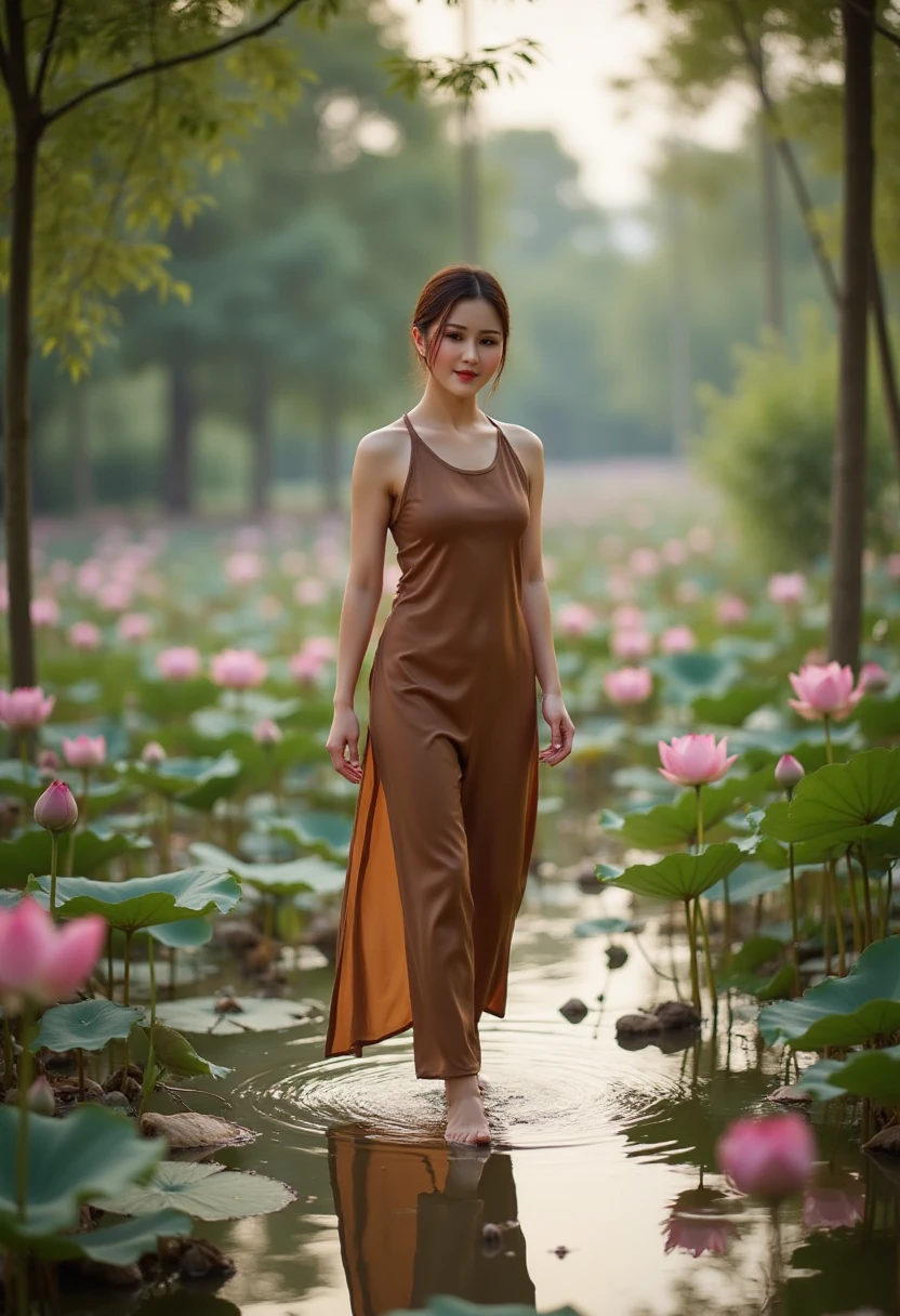 Lisamy, ao yem Vietnamese, full body view, walking, hồ sen