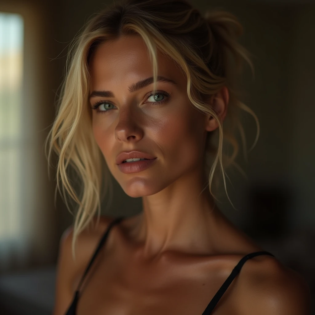 ((woman photographed from the front standing in front of the camera)), (full body:1.2), A beautiful detailed face of Erica Durance, blonde hair, blue eyes, muscular body, (lace lingerie:1.3), oily skin, realistic skin texture with pores, Small head, hyper-realistic, 8K, HDR, extremely detailed, photorealistic, professional lighting, standing pose, cinematic, chiaroscuro, skin texture perfect, flawless skin, highly detailed muscles, vascular, veins, glowing skin, glowing skin, detailed eyes, long eyelashes, full lips, sharp facial features, intense expression,