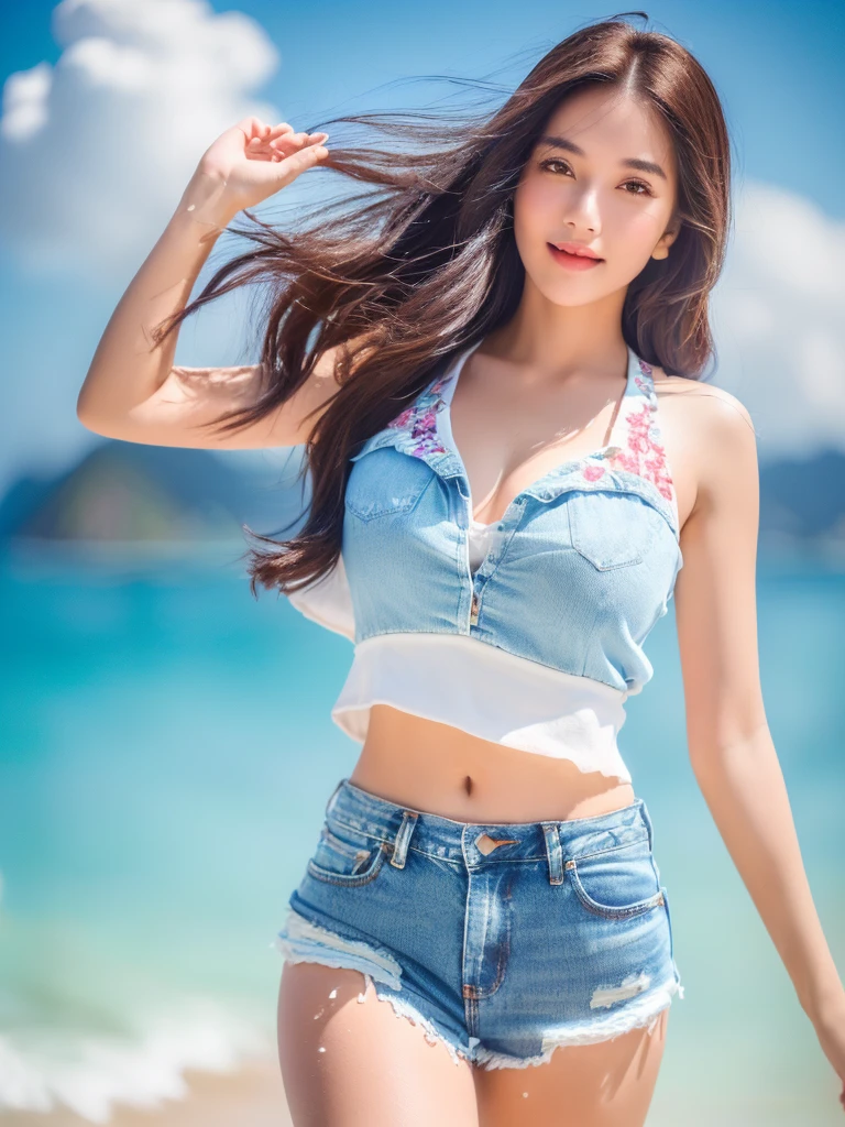 (In the daytime, Need, 8k, tmasterpiece:1.3)), full bodyesbian, Long legs, Focalors:1.2, perfect figure beautiful woman:1.4, Slim abs:1.1, ((Dark brown hair, huge tit:1.2 )), (white tight t-shirt, Denim super shorts, standing on your feet:1.2), (White sneakers),((城市, with blue sky and white clouds:1.3)), Highly detailed facial and skin texture, 詳細な目, 二重まぶた,Flying long hair