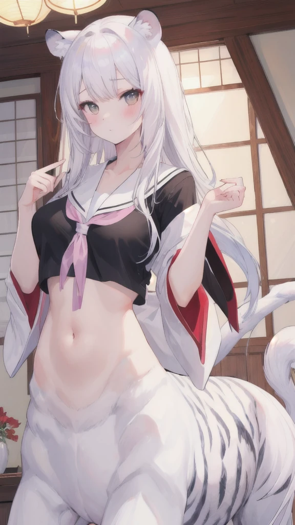 (best quality, masterpiece), 1 girl, centaur, It takes, White skin, Japanese , exposing the abdomen,belly button t-shirt, 아름다운 소녀 perfect white tiger photo, perfect white tiger photo