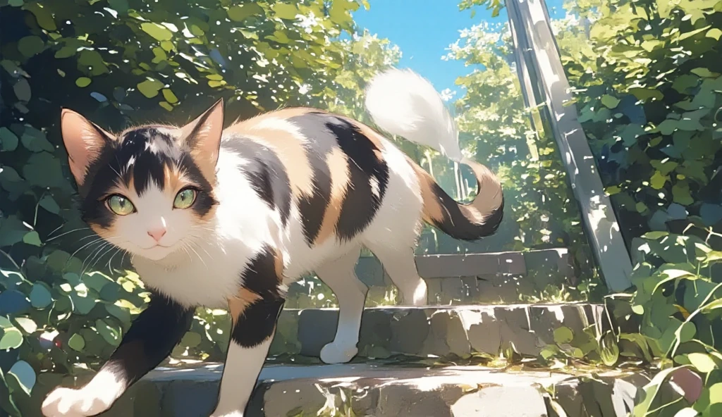 photo tanning ,tanned ,fade ,faded image ,bokeh:1.5 , baklit , desaturate,shot by Nikon 85mm f1.2,shallow focus on a cat ,extreme close up of a cat, the calico cat with distinct patches of orange, black, and white fur walks down a stone staircase, approaching the viewer. Its movements are graceful, with soft steps as it descends each stone, surrounded by a peaceful and rustic atmosphere. The sunlight filters through the trees above, casting gentle shadows across the steps and highlighting the textures of the ancient stone. The cat's curious eyes gaze forward, showing a hint of warmth and friendliness as it draws nearer.
