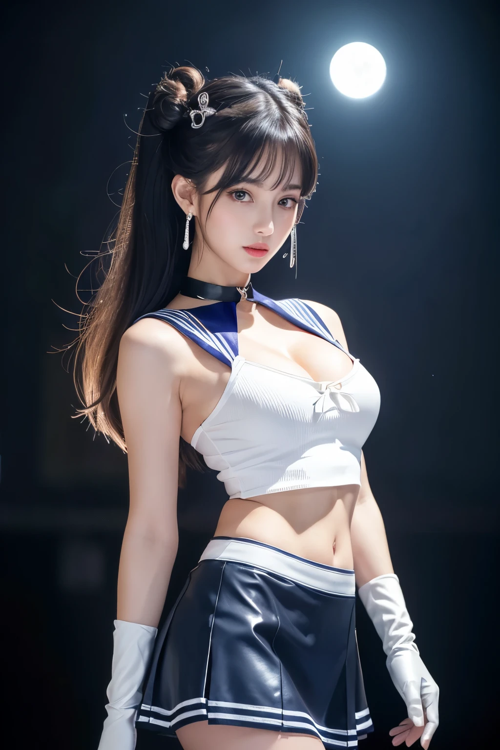 masterpiece, highest quality, Very detailed, To the camera, 複雑に詳細なVery detailed, Realistic, Sharp features, Very detailed, Sharp focus, Perfect Face, Perfect Face, Perfect symmetry and perfect eyes, Perfect Plump Lips, Flexible female form, Cinematic, Film Light, Very detailed, hyper Realistic, masterpiece, Atmospheric, High resolution, Vibrant, Dynamic Studio Lighting, ((Dark Background)), The expression when enduring pleasure, Straight bangs, 、blue eyes、Cheerleader uniforms、Exposed thighs、
