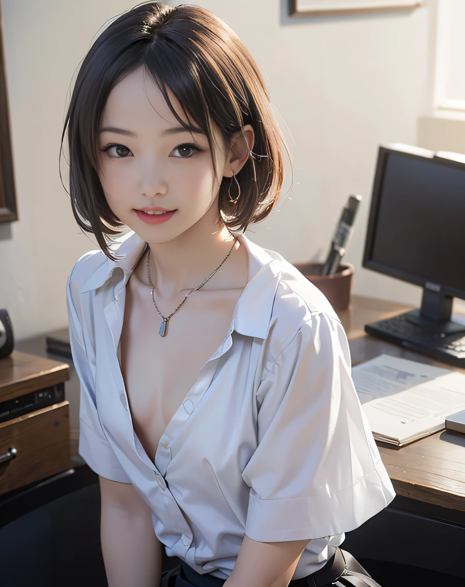 (Realistic:2.0),(High resolution:1.5),(1girl:1.5),(solo:1.5),(ager:1.3),(young:1.3),(looking at the viewer),Small face,(Flat chest:1.8),(Very small breasts),short bob hair,bangs:1.2,(large eyes),(Realistic eyes),(smile:1.2),(Simple White open collar shirt:1.2),formal mini skirt,(office room:1.2),(Collarbone:1.2),(Open clothes:1.4),Short sleeve,Simple Necklace,