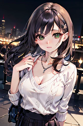 ((Browsing Caution:1.5, masterpiece, Highest quality, High resolution, 超High resolution, Pixel perfect, Depth of written boundary, 4K, RTTX 10.0, High resolution))), One girl, single, alone, Beautiful Anime Girls, Beautiful art style, Anime characters, 24-years-old, ((Long Hair, bangs, Dark brown hair, Curly Hair:1.2, hairpin)), ((Detailed face, blush:1.2)), ((Green Eyes:1.8, Glitter effect)), ((Smooth texture:0.75, Realistic texture:0.5, Anime CG style)), ((Medium chest, Cleavage)), Dynamic pose, Big Breasts, Perfect body, Show your hand, ((close, throw, cute, Sighing expression, Portraiture, photograph)), ((White sweater, skirt, Bra visible from the inside of the fabric, Silver Necklace)), night, night lamp, Bokeh:1.4, Outdoor, City Buildings, crowd