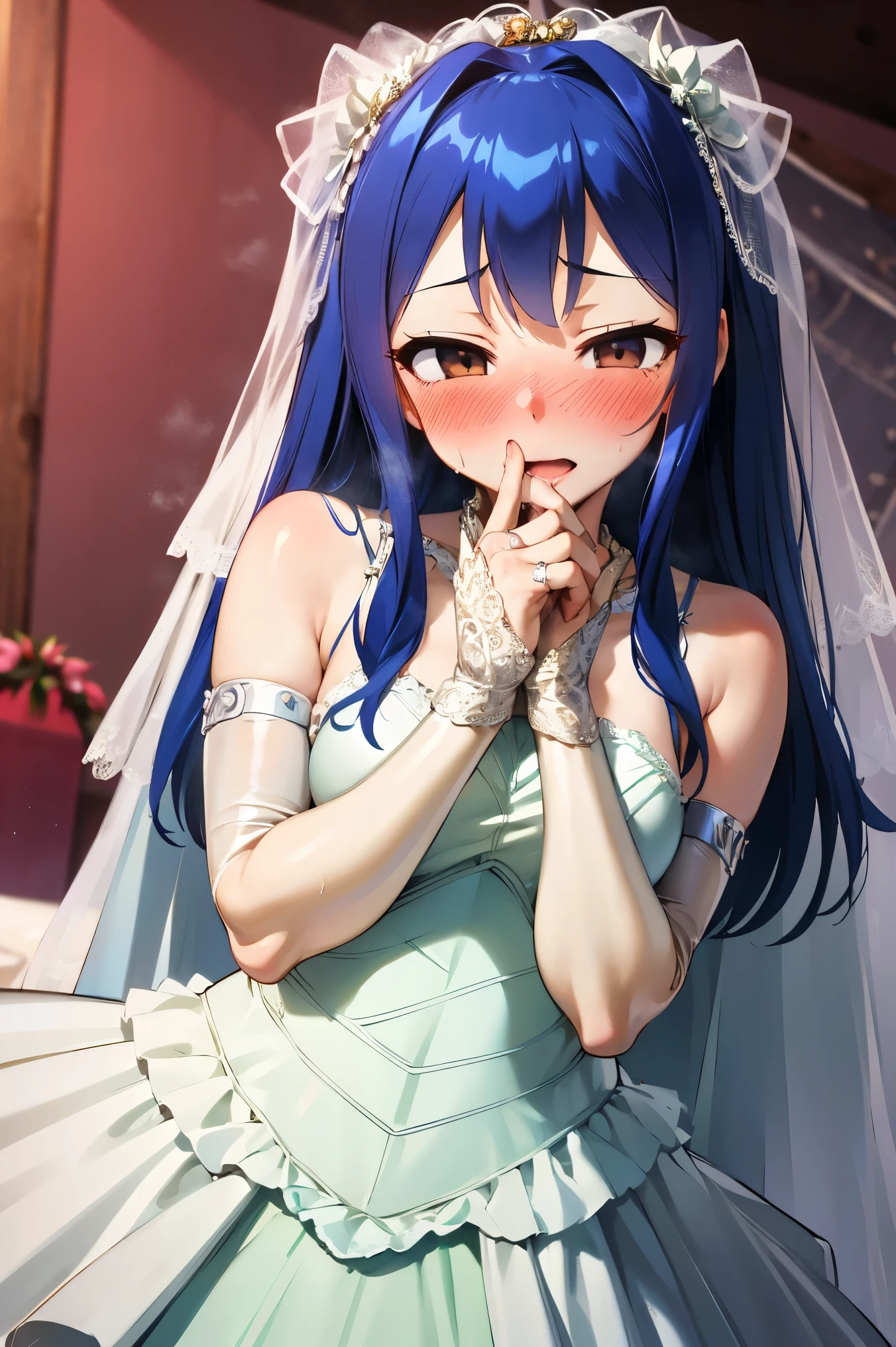 NSFW,masterpiece,Best Quality, Hi-Res, very detailed,Wendy\(Fairy Tail\), long hair、 twin tails,紺色の髪、Hair accessories、( in her wedding dress :1.5),(Wedding Lingerie:1.5)、Bracelet、 Bracelets,(Embarrassed:1.3),(blush:1.5),church,cross