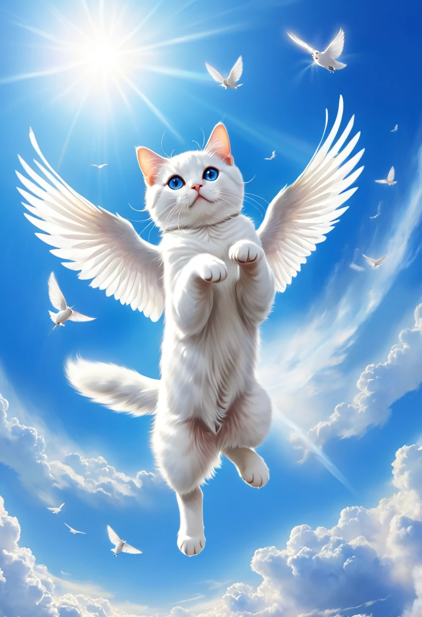 A cat that flies in the sky、Wings are flapping、blue sky、White cat、High in the heavens、Gracefully、High image quality、Realistic、Angelic、 seems to be having fun、