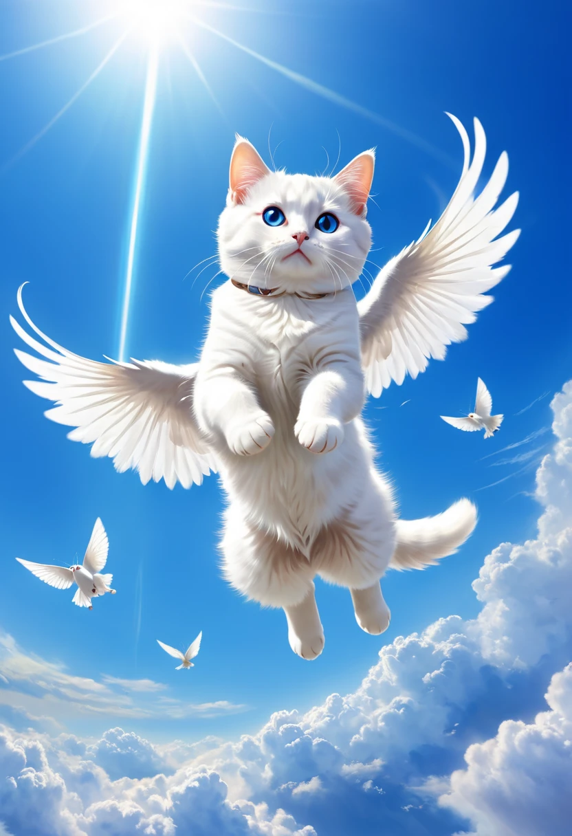 A cat that flies in the sky、Wings are flapping、blue sky、White cat、High in the heavens、Gracefully、High image quality、Realistic、Angelic、 seems to be having fun、