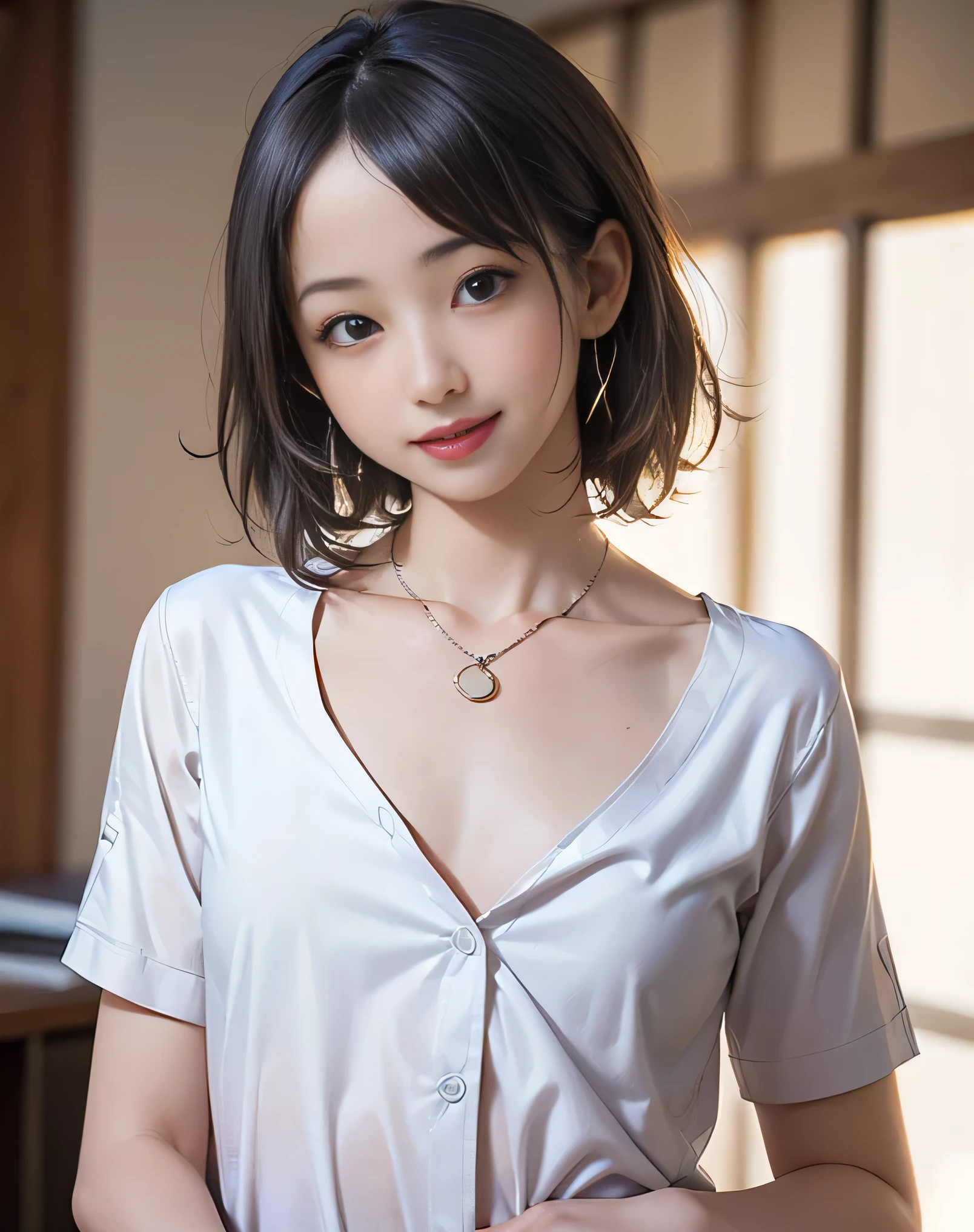 (8k、highest quality、masterpiece:1.8、bangsのあるショートボブヘア:1.8)、(Genuine、Genuineistic:1.5)、Very detailed、1 girl、28 years old、cute、alone、Sitting、 (Beautiful symmetrical face、Beautiful face with golden ratio、smile:1.15、Beautiful light brown eyes closed)、big chest、Looking into the camera、Looking into the camerachest元、Beautiful and beautiful eyes、big, Round eyes、Transparent double eyelids、eyelash、lips、(chest元の開いた白のシャツ:1.6)、(short hair:1.2)、Very black hair:2、bangs、Light brown eyes、Beautiful long neck、smile、shut up.、cute face、Genuineistic skin types、Genuineの質感、Unbutton、淡いピンクのlips、There's Genuinely no background、Genuinely pure white background、28 years old,Natural light、上lipsが厚くない、Hands are lowered、(({Huge|big|Hugeな|Mega} chest:2, chestの谷間:2、Very beautiful and attractive adult woman:1.5、Beautiful neckline))
