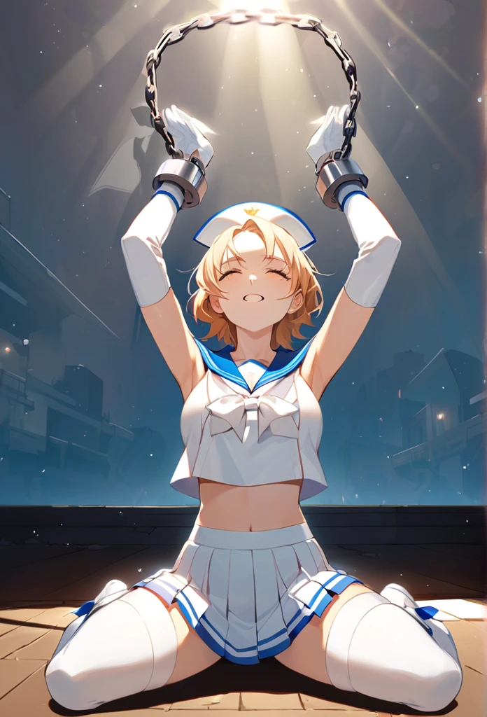 sailor suit warrior， White Long Gloves ， Wear handcuffs on both hands，Raise your hands above your head，Kneeling on the ground