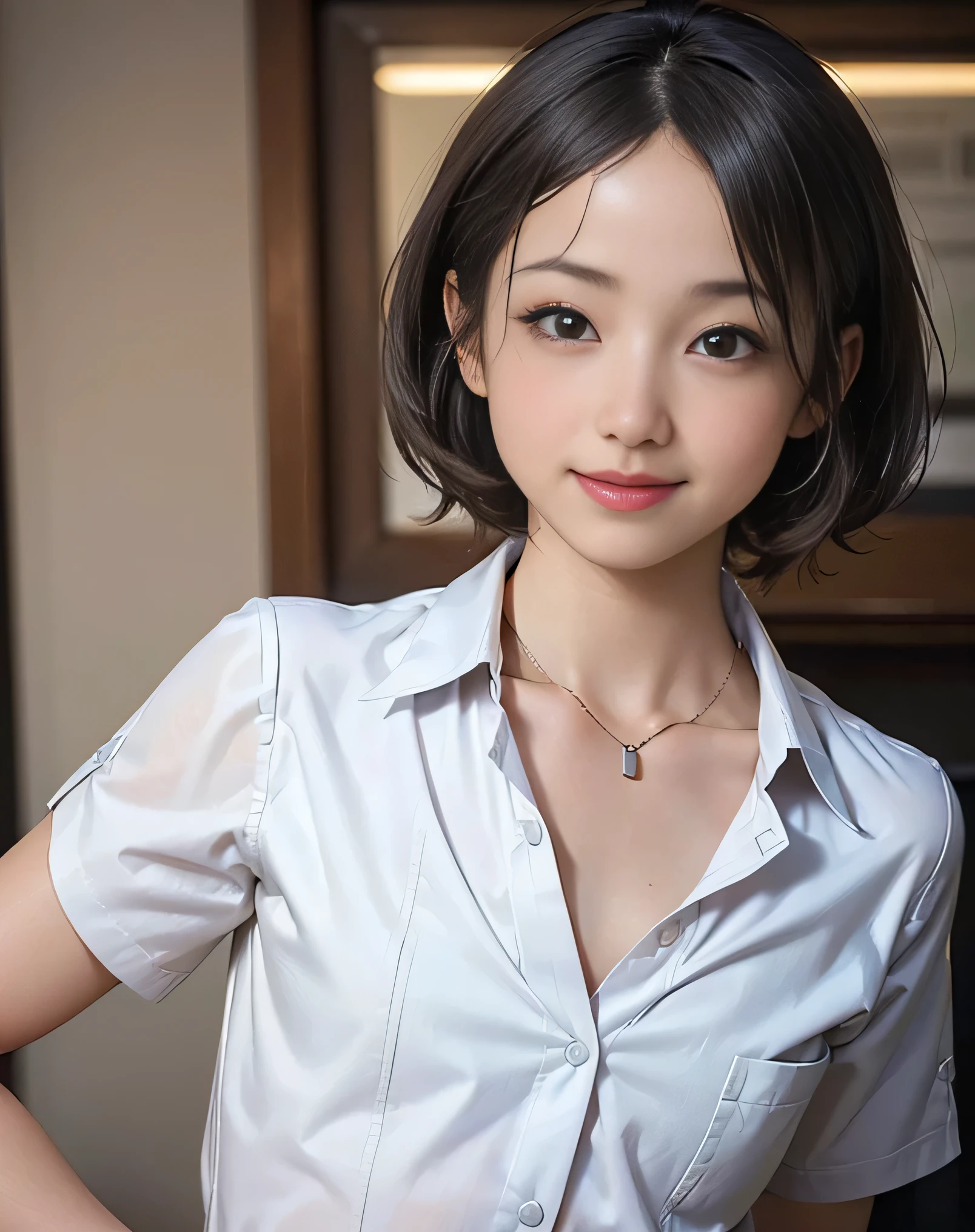 (Realistic:2.0),(High resolution:1.5),(1girl:1.5),(solo:1.5),(ager:1.3),(young:1.3),(looking at the viewer),Small face,(Flat chest:1.8),(Very Small Tits),short bob hair,bangs:1.2,(large eyes),(Realistic eyes),(smile:1.2),(Simple White open collar shirt:1.2),formal mini skirt,(office room:1.2),(Collarbone:1.2),(Open clothes:1.4),Short sleeve,Simple Necklace,