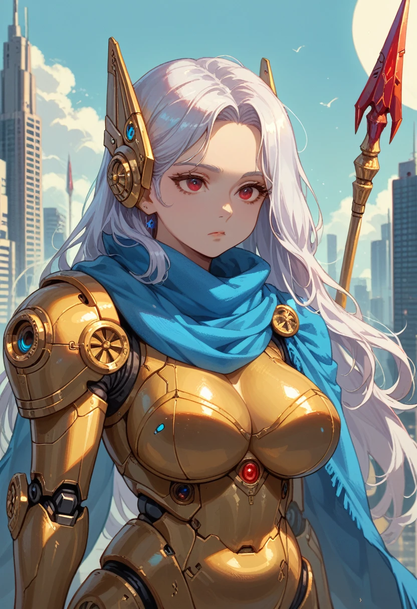 White hair, long hair, straight hair, forehead, red eyes, (plump, large breasts), futuristic city, crescent moon, expressionless, (golden mechanical armor, golden wolf robotic mask, blue scarf, lilac spear