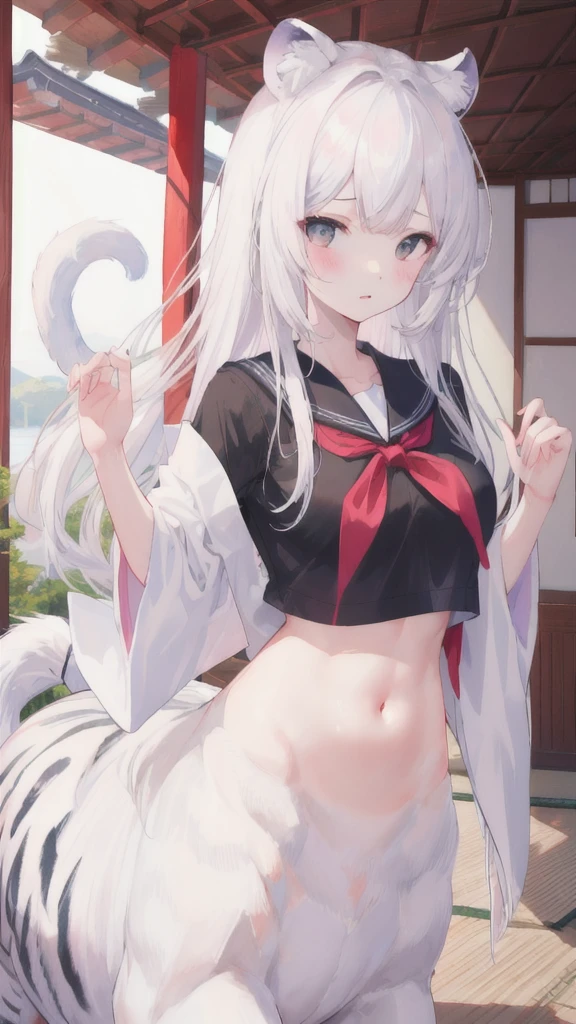 (best quality, masterpiece), 1 girl, centaur, It takes, White skin,Japanese , belly button t-shirt, 아름다운 소녀 perfect white tiger photo, perfect white tiger photo