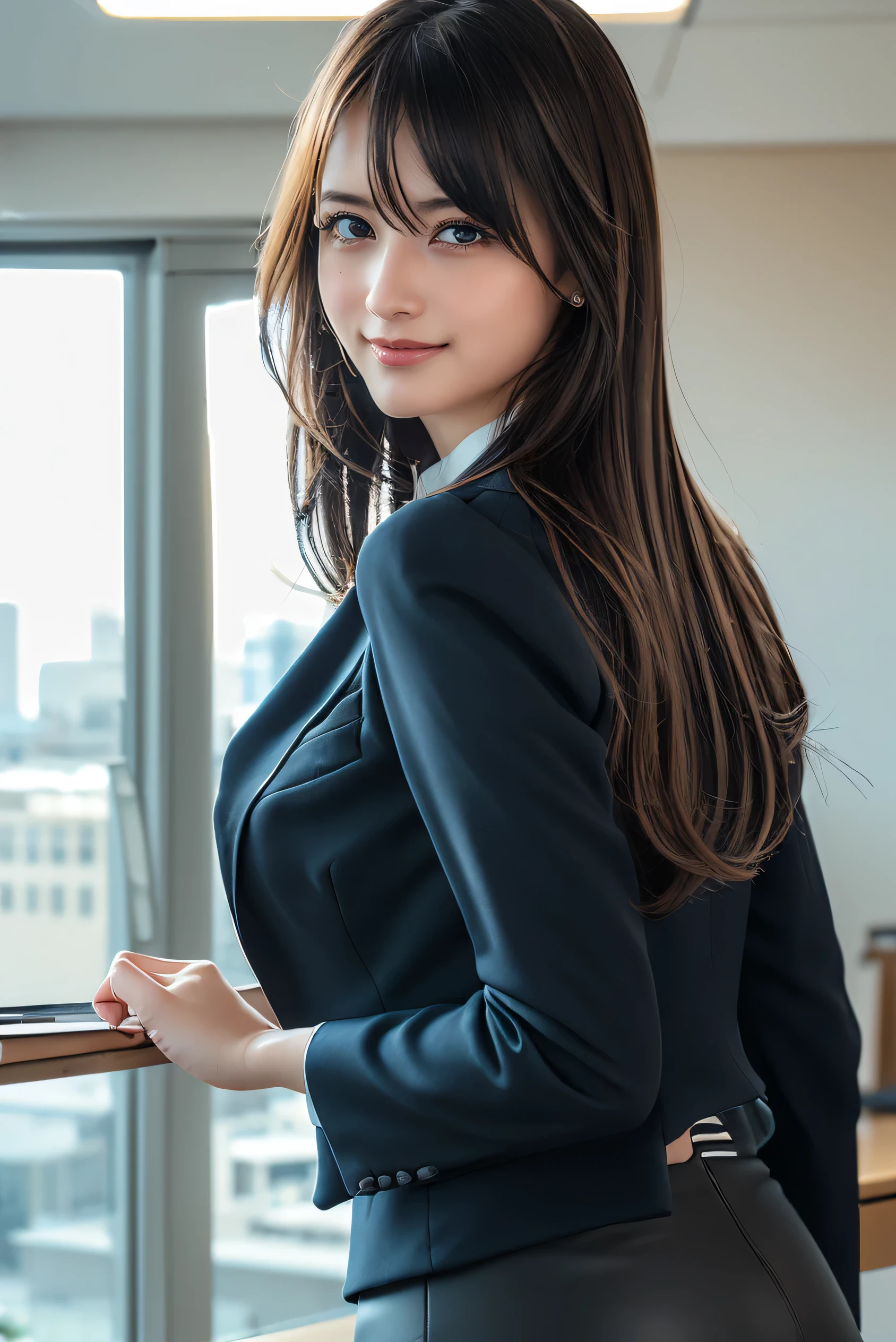 ( delicate illustration:1.3),(masterpiece:1.0), (Best Quality:1.4), ( super high definition:1.2), ( photorealistic :1.4), (8k,  RAW Photos:1.2), ( sharp concentration:1.3), ( face focus :1.4), (feet:1.3), (Age 19:1.3), (1 girl in elaborate suit jacket and pencil skirt:1.3),  Office Lady Overlapping the Sunset , Professional Outfit , high heels, (((Office Background))), ((Black Contact Lenses)) , (My back arched:1.3),  big breasts at the temple, (Happy smile), scenery, bangs:1.2, beautiful detailed eyes,  staring at the camera , slim,  slender waist, 細いfeet, (cute), (beautiful), ( backshot),  from behind, (( upper body:1.3)),