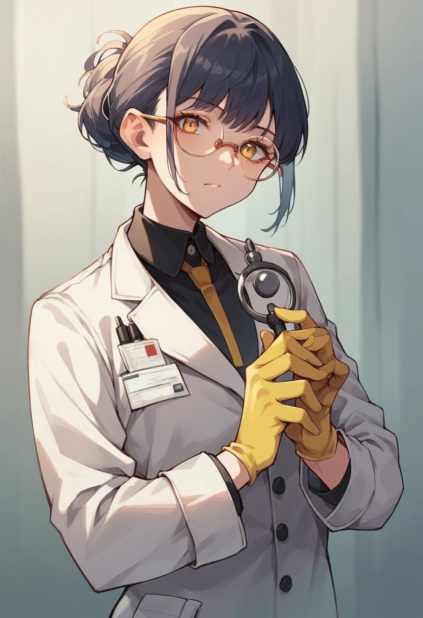 A beautiful middle school girl who places the stethoscope's auscultation plate completely against the center of her bare chest