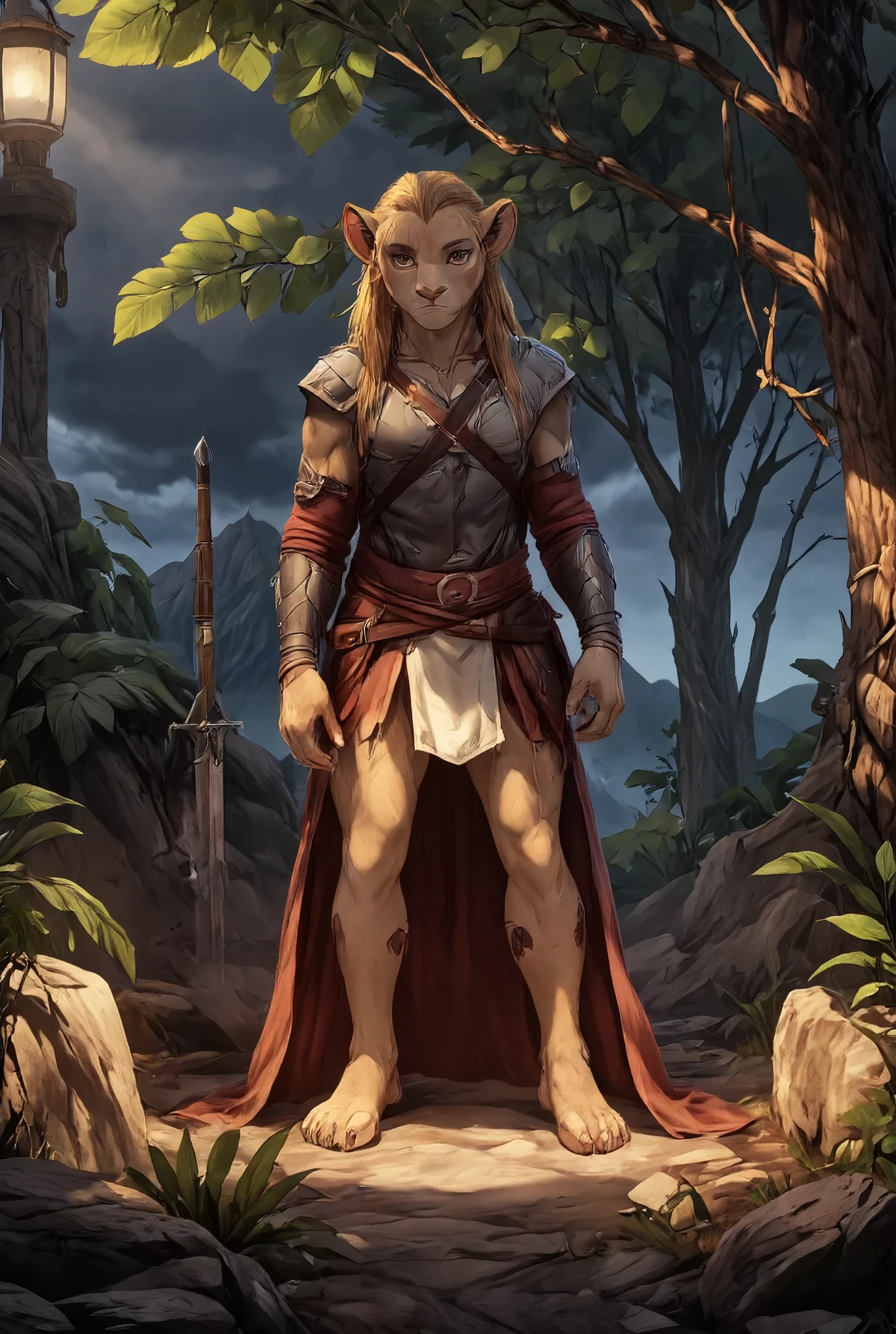 (((Barefoot furry character, full body, cinematic setting, male))) 

score_9, score_8_up, score_7_up, (((full body))), (((source_furry))), (((furry male))), anthro lion, (((elf male))), 1 boy, (((furry character with elven features))), barefoot, nice feet paws with claws, (long blonde hair), (((pointy ears))), elf ears, (((orange and tan fur))).

(Finish the war, the darkness, end this suffering
Impossible to pursue, deep in shadow, follow light
Finish the war, the darkness, end this suffering
Bright warrior against darkness)

BREAK, detailed background, 8K, (masterpiece:1.5), intricate details, highly detailed, extreme detail, octane render, fine art, best quality, highres, (detailed face:1.5), ((full_body)), UHD, (((perfect hands))), boring_e621_v4, bwu