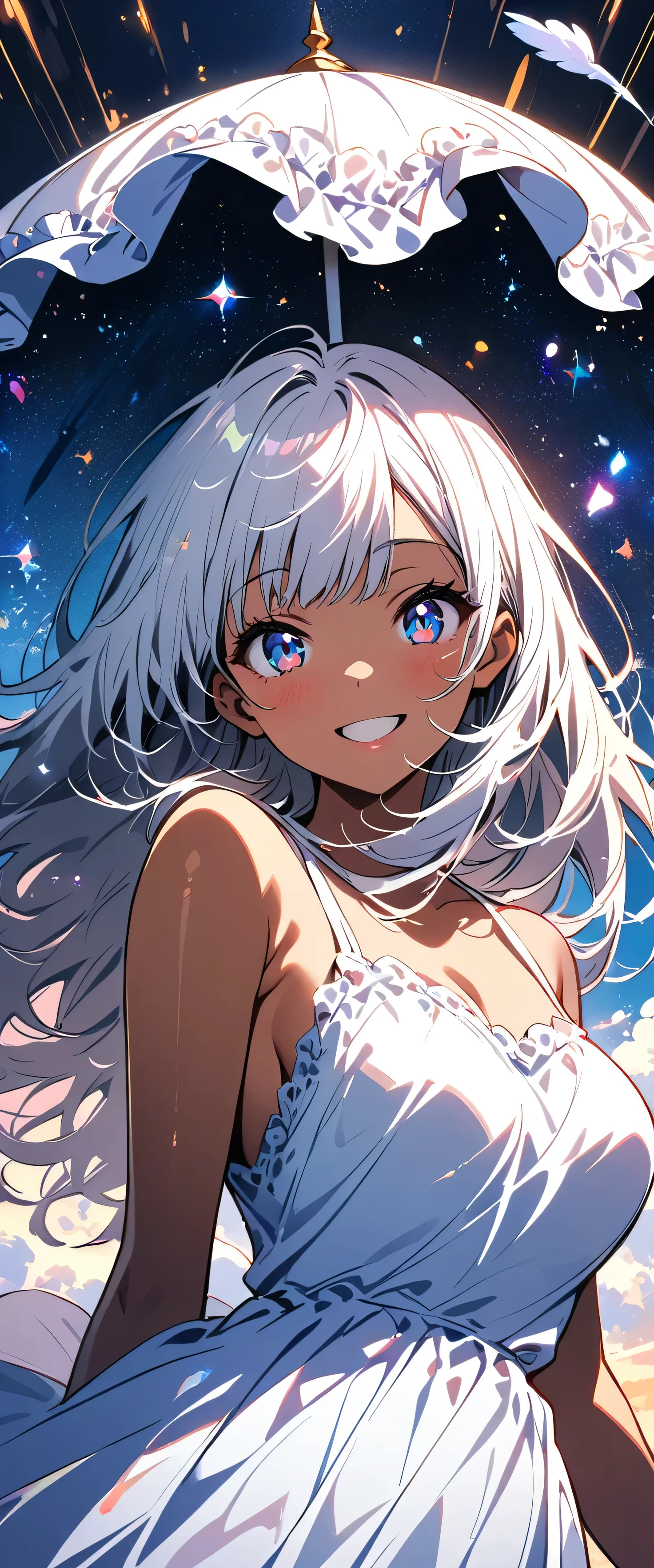 (Masterpiece, Best quality, A high resolution:1.4), 1girll, ((Unity 8k wallpaper, illustration, , beautiful and delicate detailed girl)), Small breasts, , Smile,Girl, Long hair, White hair, Blue eyes,Close-up,against backlight at dusk,, strong rimlight, intense shading, beautiful purple sunset at beach,Long white backless dress,Leaning forward,