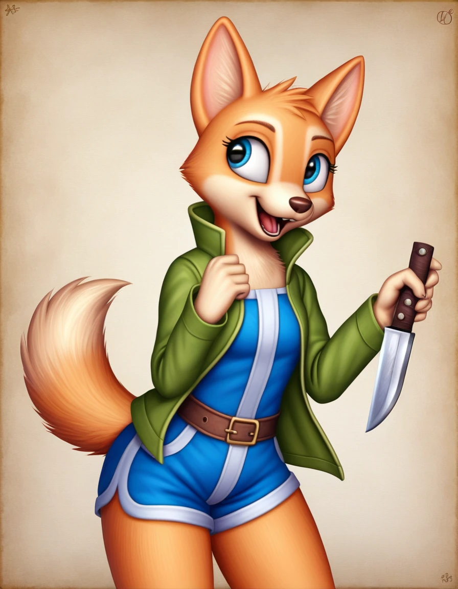 1girl, source_cartoon, source_furry, blueyxl,  girl, furry, (boxchibi:0.8), animal ears, flat shaded background, detailed evening background, curvy, feminine, hourglass figure, detailed fur texture, cute medieval outfit, wear blue shorts, jacket, long sleeve, small breasts, short tail, bingo heeler from cartoon, looking away, holding a knife, A crazy mockery
