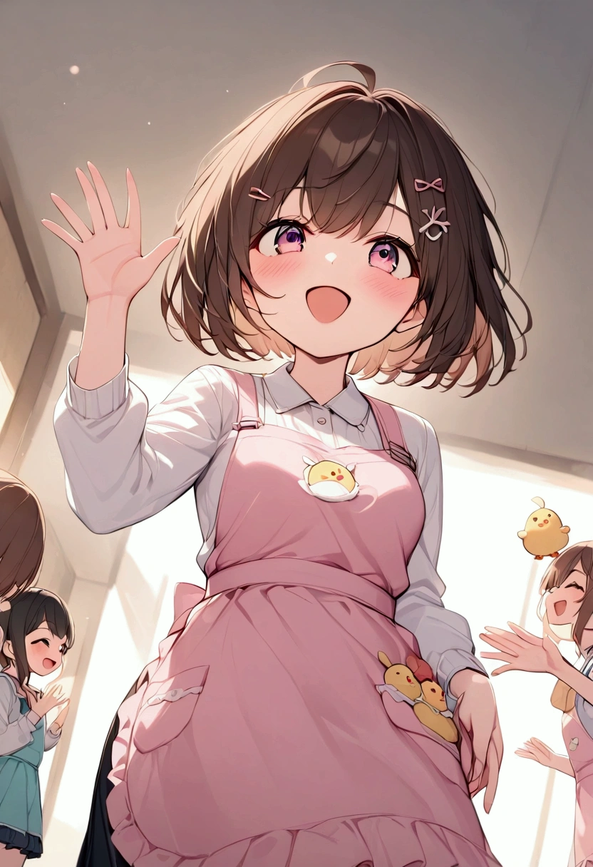 （Best Quality）, Beautiful woman,  short bob, Brown Hair, I'm wearing a cute pink apron with a picture of a chick,  adult woman laughing,  casual clothes ,  beautiful eyes,  Waving, The background is a kindergarten,  holding hands with a cute kindergarten  wearing an apron with a picture of a chick, Nursery teacher, Angle looking up from below, 