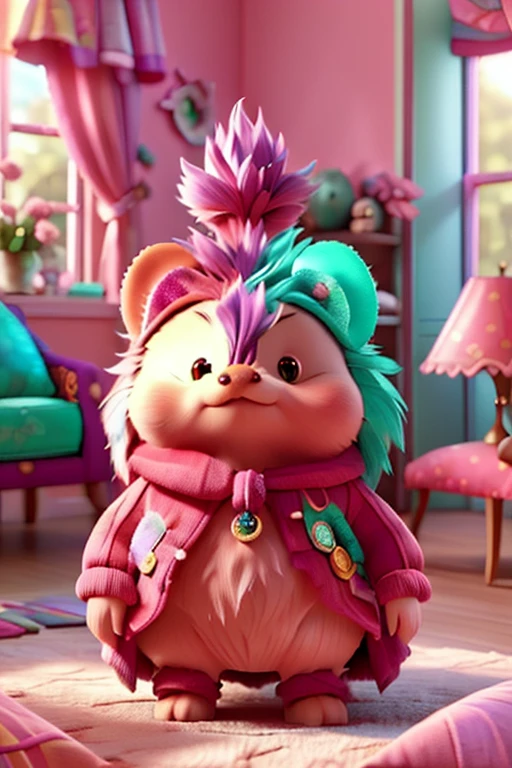 Visualize an enchanting hedgehog, with an eye-catching display of pink and purple spikes that seem to dance with energy, elegantly outfitted with oversized teal glasses complementing its lively demeanor. Dressed in a stunning patchwork ensemble, it reclines on a luxurious, plush aqua sofa, enveloped by a collection of cheerful pillows. Lush houseplants sway gently in the background, infusing the space with life and charm, creating a whimsical haven of friendliness and fun.