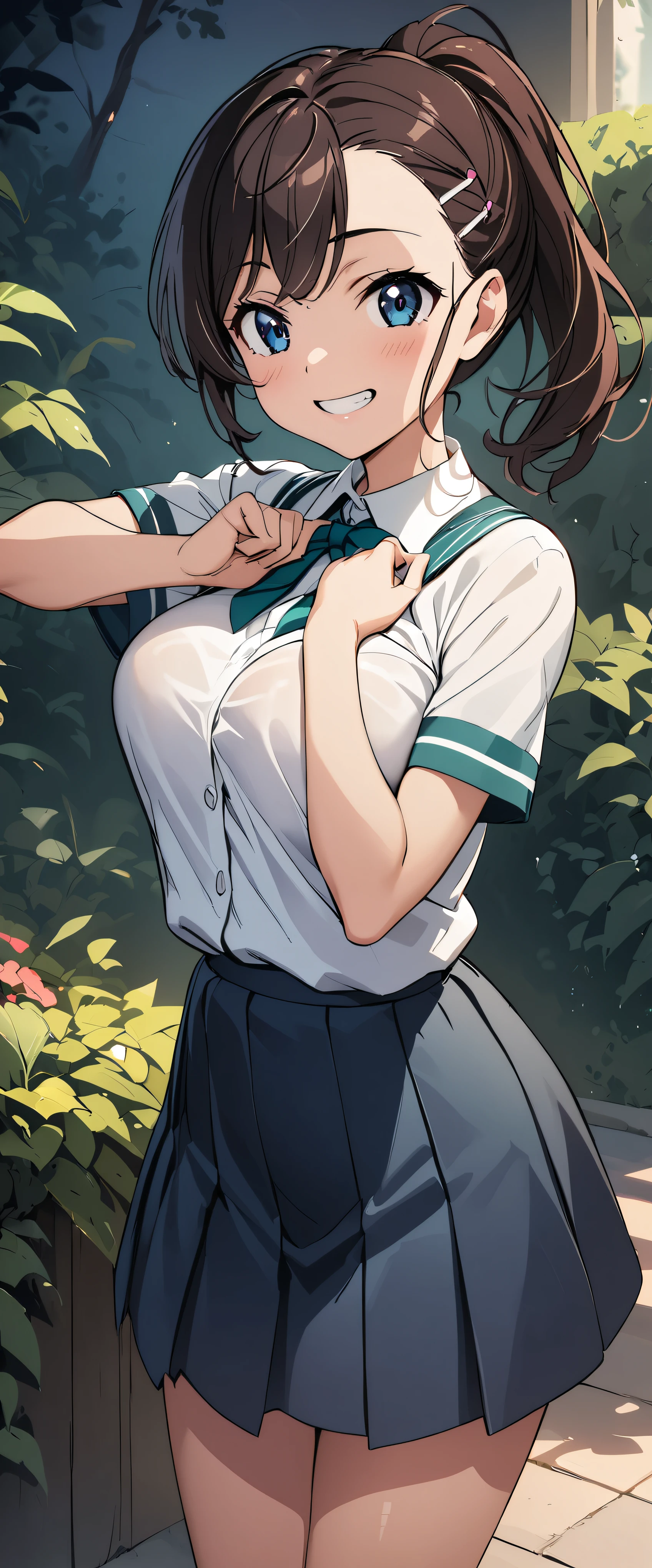(((masterpiece)))、((Best Quality))、(Ultra-detailed)、(CG illustration)、( Very Beautiful Girl))、 cinematic light 、((1 Girl))、 、(Beautiful and luxurious:1.2)、( one girl:1.3),garden,Junior high school students,((Student Uniform)),,smile,teeth,Fits perfectly against the skin,skinny,Big Breasts, cute pose ,Beautiful ponytail, holding the chest with arms