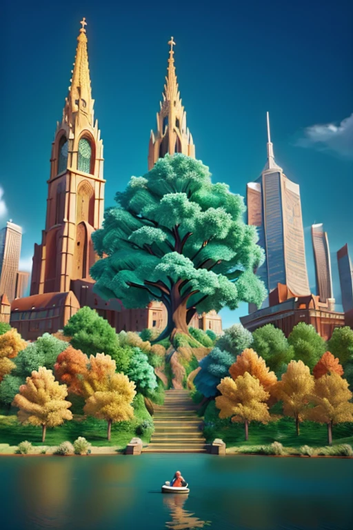 Stylized tree with swirling golden leaves next to a calm body of water reflecting a cityscape with a prominent cathedral, Peaceful urban fantasy, Digital painting, Mosaic style, with elements of Art Nouveau and Cubism, Mix of styles of Gustav Klimt and Van Gogh, Warm golds and oranges contrasted with cool blues, Mosaic-like geometric texture throughout the scene, Sharp lines and shapes, Detailed depiction of tree and buildings, Reflective water, High resolution, unreal engine, greg rutkowski, loish, rhads, beeple, makoto shinkai and lois van baarle, ilya kuvshinov, rossdraws, tom bagshaw, alphonse mucha, global illumination, detailed and intricate environment