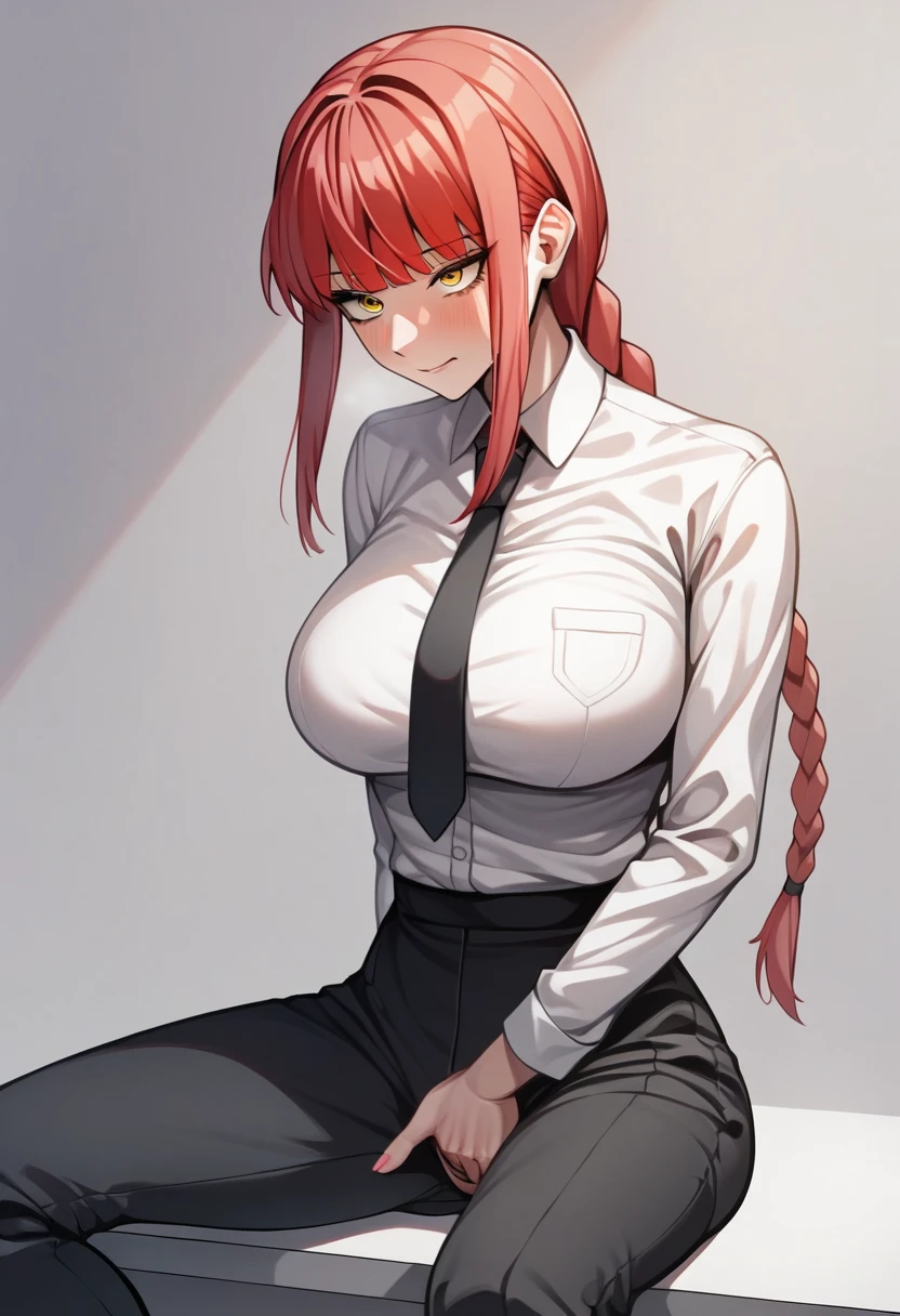 (Highest quality, High resolution), Fingering, ((solo)),((makima masturbation:1.4)), Large Breasts, Browsing Caution, Highly detailed background, makima, makimacm44, ringed yellow eyes, red long hair, bangs, white shirt, sidelocks, black pants, braided ponytail, black necktie, Red Hair, To the camera, Sitting, Bend your waist forward, To the camera足を向ける, (Obedient:1.1), Roll up your skirt, Testis,  (Makima:1.2), Detailed skin texture, 