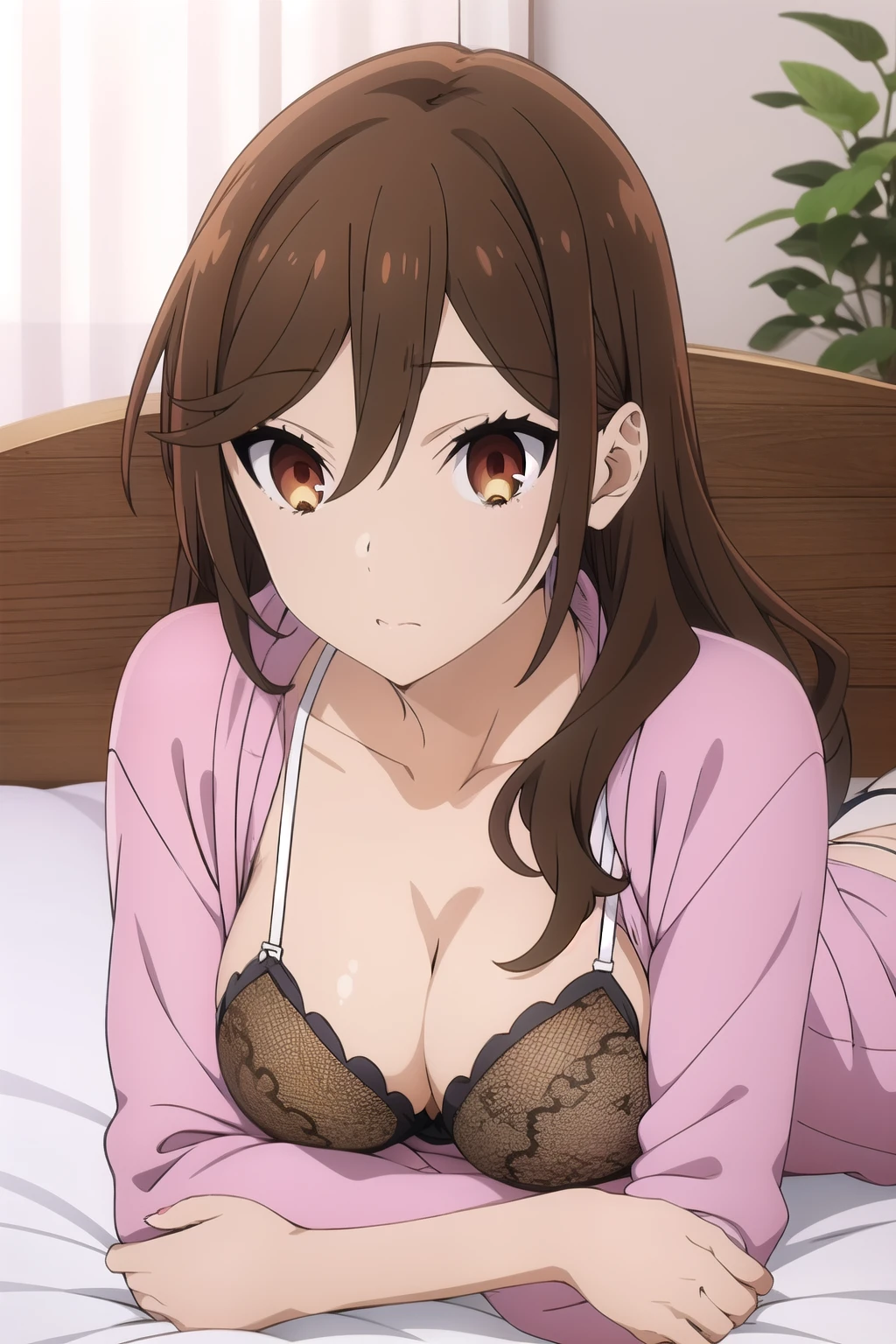 
Kyoukohori ,  Kyouko Hori , long hair,  brown eyes, castanho jacket,  hair between her eyes, lying in bed wearing sexy body lingerie.