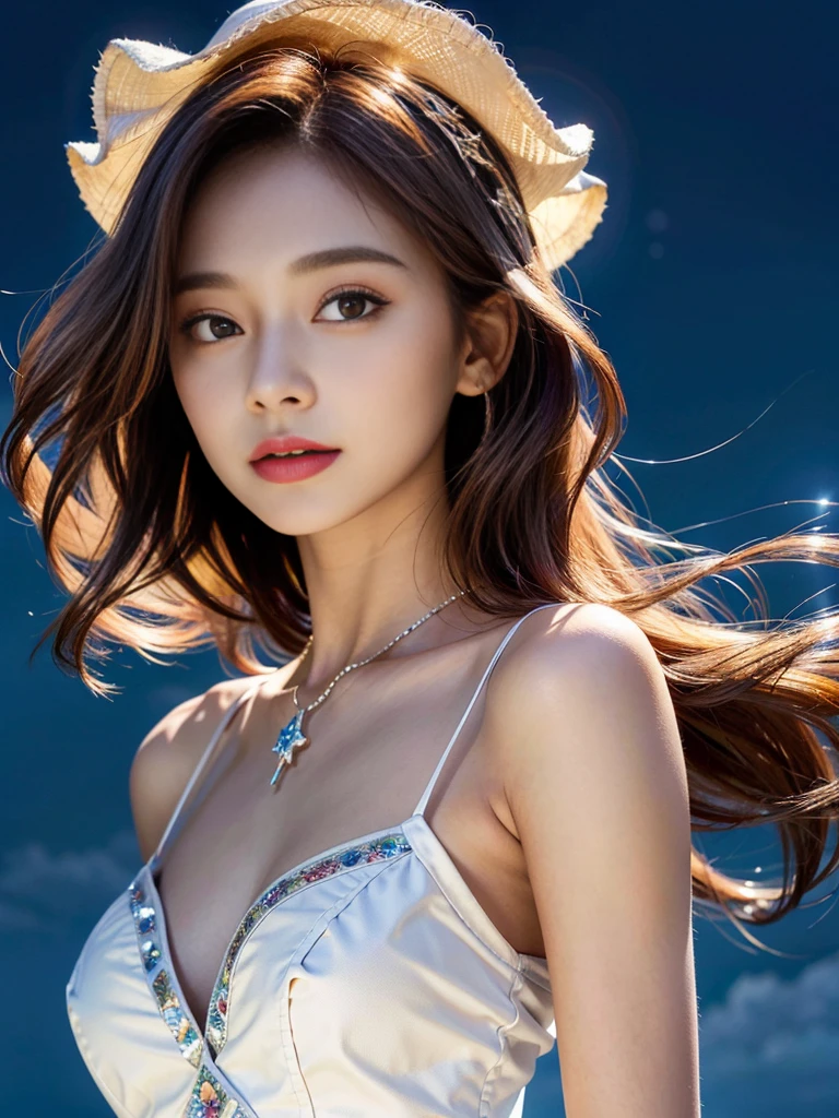 (((best quality))),(((ultra detailed))),(((masterpiece))),illustration,((a beautiful girl,solo)),(shoulder length straight hair:1.2),((slim,thin)),((small breasts,flat chest,claviclis,navel)),(strapless [blue|white] bra:1.5),(on the stage:1.3),((outside a shopping mall, at the entrance of a beer promotional event)),((surrounded by crowded crowds)),((hair and skirt fluttering in the air)),expressive eyes,infectious smile,the stage adorned with colorful decorations,vibrant atmosphere,(night scene:1.3),(from front:1.3),(close-up of face:1.3),