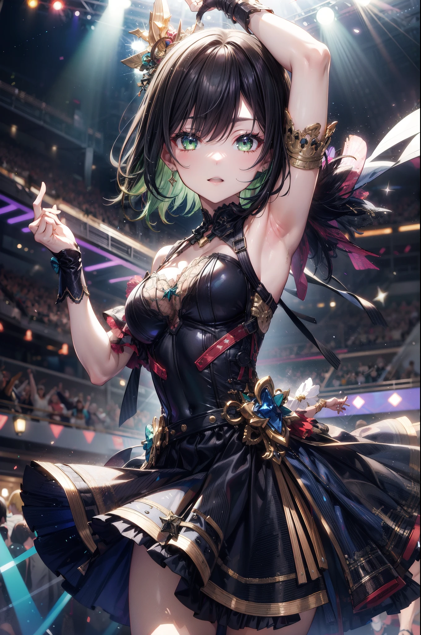 disco,feaver_night,dancing_dress,right_arm_up,black_hair,short_hair,light_green_eyes,beautiful,cute_face,best_qualitygood_anatomy,1_girl,