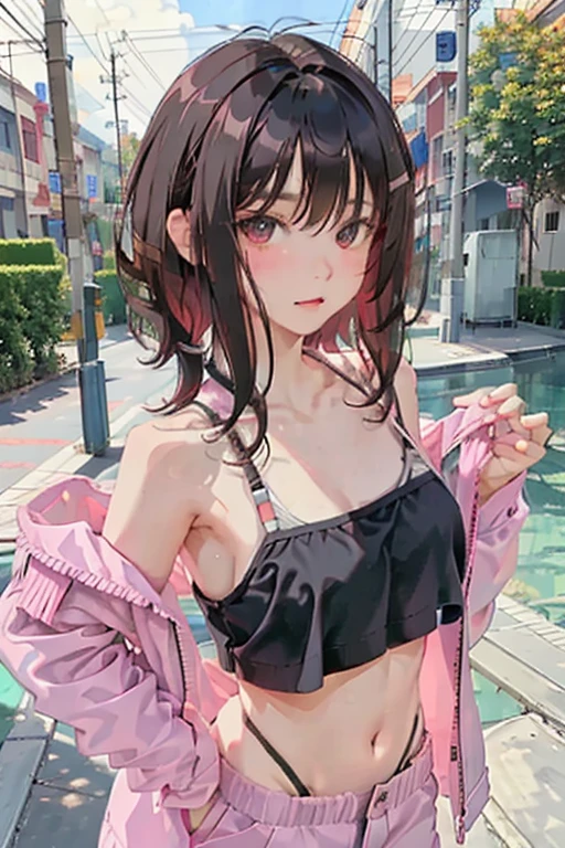 （​masterpiece，Best Quality）， kids，Petite，Black-haired，curly hair，cherry colored sports bra