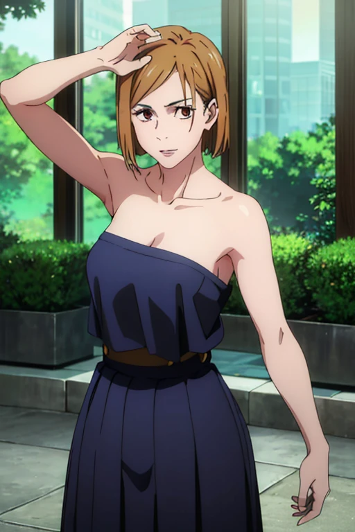 (masterpiece), (best quality), (ultra-detailed), (best illustration), (best shadow), (absurdres), nobarakugisakinova, short hair, orange hair, ((brown eyes)), kugisaki nobara, 1girl, solo, bangs, looking at viewer, upper body, ((strapless blue dress)), ((cleavage)), ballroom background, perfect body, ((perfect breasts)), Hourglass body, thin waist, very thin waist, large breasts, sexy, (skinny), bare shoulders, bare collarbone, smile, (bare neck),