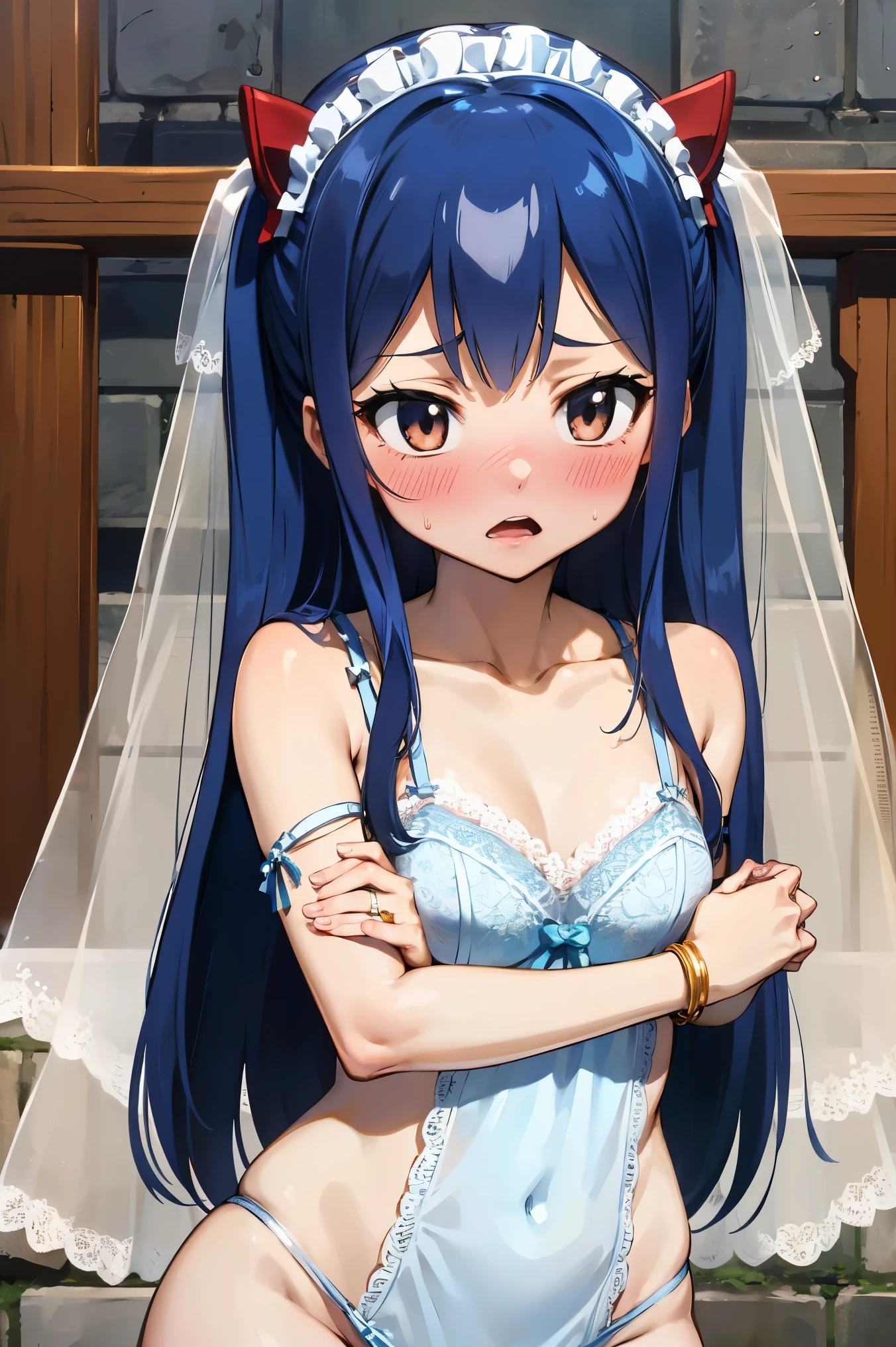 NSFW,masterpiece,Best Quality, Hi-Res, very detailed,Wendy\(Fairy Tail\), long hair、 twin tails,紺色の髪、Hair accessories,(Wedding Lingerie:1.5)、Bracelet、 Bracelets,(Embarrassed:1.3),(blush:1.5),church,cross