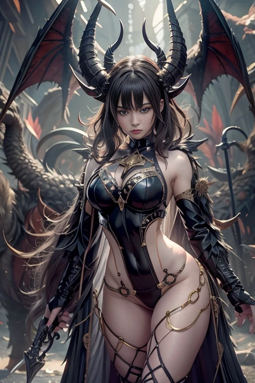 front of the camera, fullbody, dragon girl, brown hair, yellow eyes, half-naked, scales, horns, adult, medium breasts, golden details