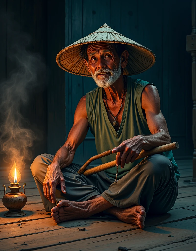 A picture of an 80-year-old Burmese man smoking a hookah