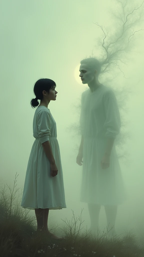 Soul of a transparent teenager sitting next to his sad girl partner in a park  