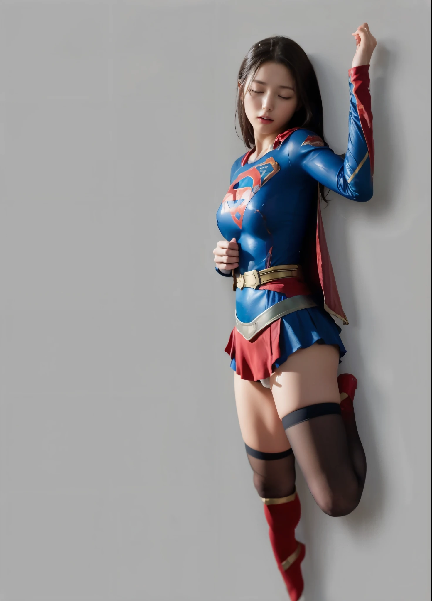 (((Highest quality、8K、masterpiece:1.3))、Supergirl、胸にSupergirlのロゴ、Eyes closed、Sharp focus:1.2、Beautiful woman with perfect figure:1.4、Thin abdominal muscles:1.2、((Layered Cut、Huge boobs:1.2))、Wet body:1.5、非常に詳細な顔と肌の質感Supergirl、Bloodstained、Clothes are shredded、Torn、Highest quality, Familiar, High resolution), 1 Girl, Supergirl、Super Heroine、Bishoujo Warrior、defeat、Lying down'return、falling、knock out、フィットしたSupergirlのコスチューム、Enlarge your breasts、Muscular、alone, From above,sleepy, Sleepワイン, Doll joints、Sleep、it hurts、it hurts look、syncope、cadaver、Beautiful crotch、High detail、8K