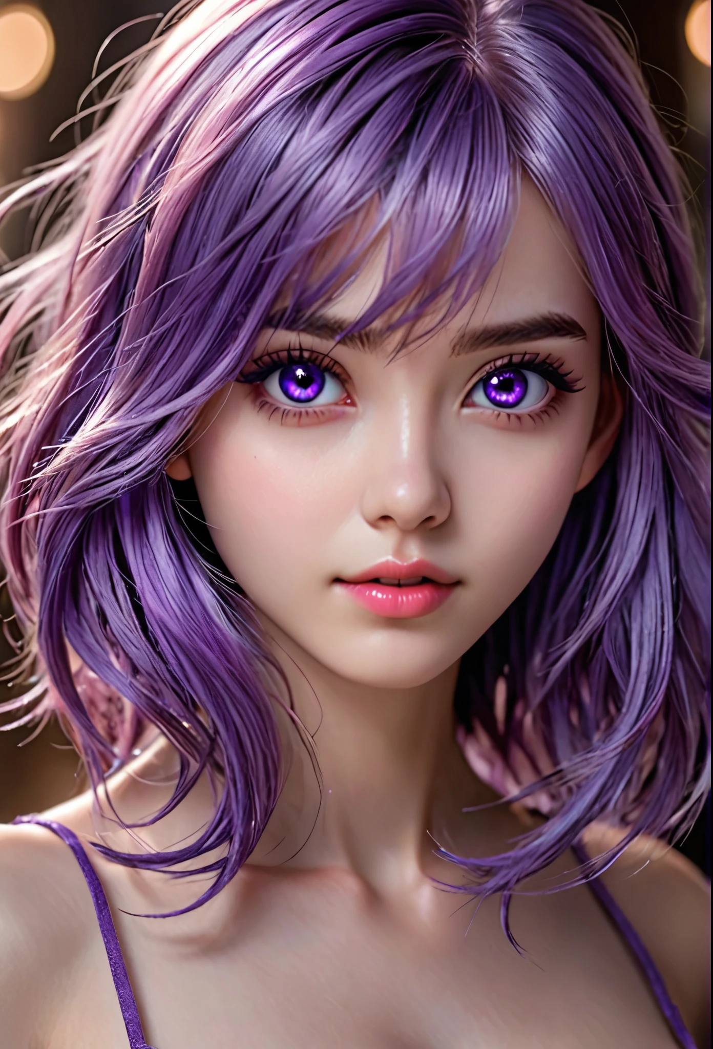  (hyperrealistic),Octane Rendering, (illustration), (high resolution), (8K), (extremely detailed), (best illustration), (beautiful detailed eyes), (best quality), (masterpiece), (wallpaper), (anime), (natural light), (detailed face), (white skin:1.8,fair skin,smooth skin), (anatomically correct), (solo), (1 girl:1.52), (high detailed realistic hair), (purple hair:1.35), (heterochromic eyes), (detailed eyes), (purple eyes:1.37), (sparkling eyes), (realistic huge breasts:1.53), (slender abs), (dynamic pose), (closed tiny mouth:1.3), (concentrated expression), (upon body from head to thigh:1.51), (dimple:1.34)